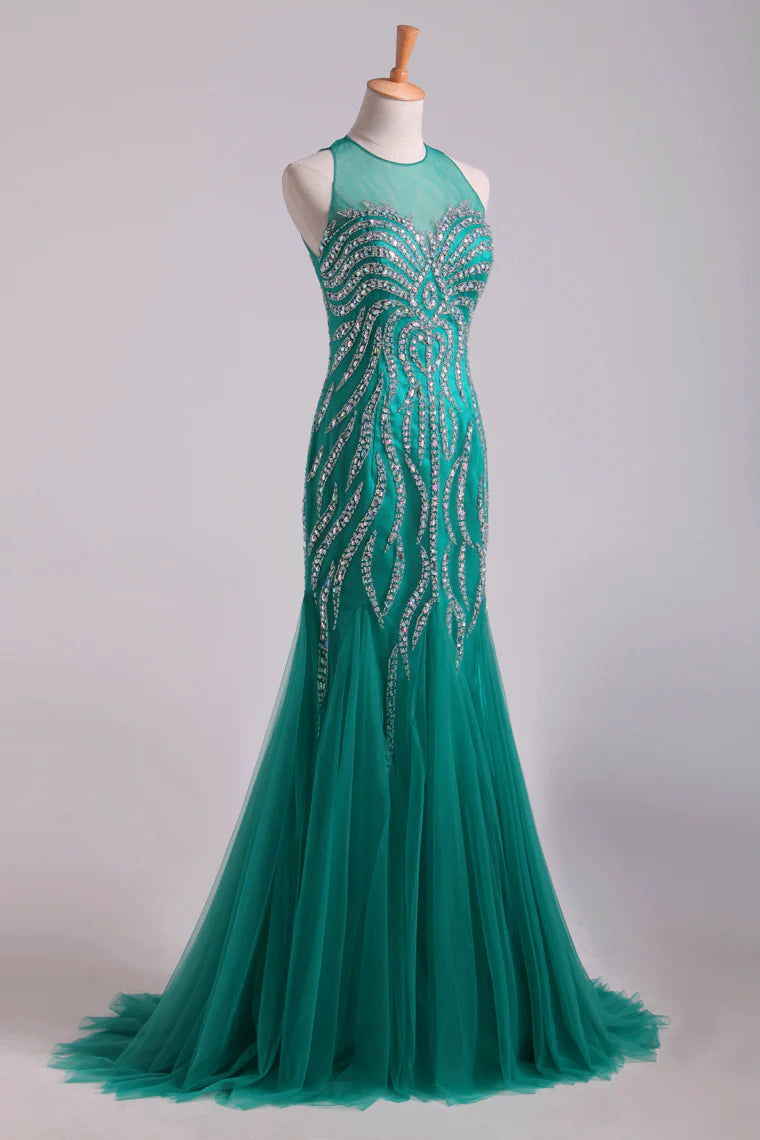 Mermaid Tulle Party Dresses Fully Beaded Bodice Sweep Train